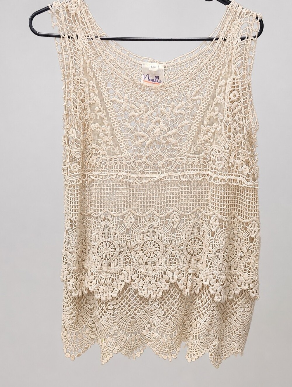 Noelle Beige Crochet Lace Sleeveless Boho Tunic Top L/XL - Picture 2 of 14